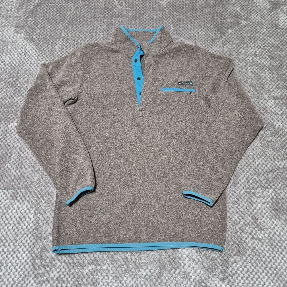 Columbia Fleece Sweatshirt Mens Small Chest Logo Zip Pocket Snap Button Pullover